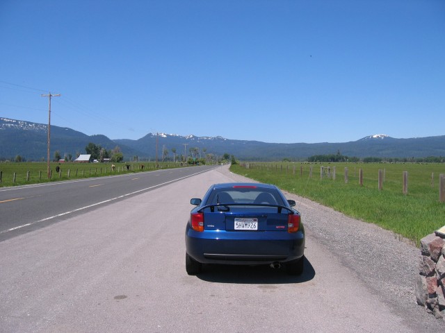 My car in the valley on the way to Crater Lake